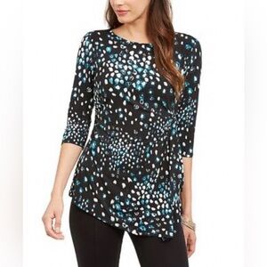 Alfani Black Teal & White Side-Tie Blouse